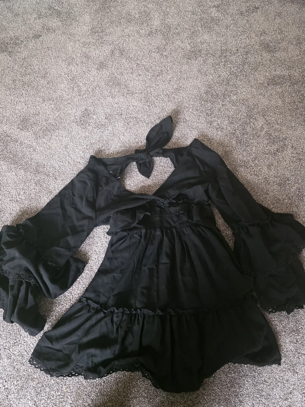 Black Ruffled Deep V NECK Flowy Mini Dress - Picture 2 of 7